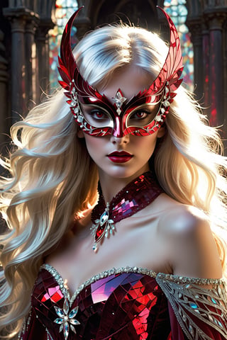 1 girl, (fantasy masquerade mask), blunt bangs, white long hair, strait hair, (crimson red eyes), fantasy-inspired mirrored glass silk fantasy dress, strapless neckline, eye-covering mask, crystal, loose brushstrokes, Broken Glass effect, no background, stunning, something that even doesn't exist, mythical being, energy, textures, iridescent and luminescent shards, divine presence, Volumetric light, auras, rays, vivid colors reflects, Broken Glass effect, eyes shoot, oil paint,tag score