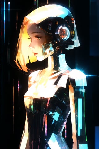 score_9, score_8, score_7, masterpiece, extremely detailed, broken glass effect, 1girl, solo, cyberpunk, transparent, cyborg, vivid, see-through, translucent, neon, detailed background, bokeh, creepy, vintage, see-through, facing front, upper body, internal organs, , orange hair, long hair, tied hair, hair over one eye, braless, long dress made of broken glass, crystal mask that refract light