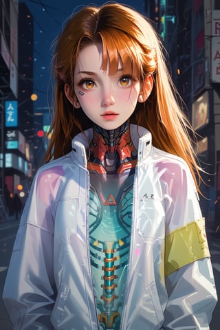 score_9, score_8, score_7, masterpiece, extremely detailed, 1girl, solo, cyberpunk, transparent, cyborg, vivid, see-through body, transparent body, skeleton, translucent, neon, city, detailed background, bokeh, creepy, vintage, see-through, facing front, upper body, internal organs, cute mini jacket, showing belly, orange hair, caramel eyes, long hair, tied hair, hair over one eye, braless