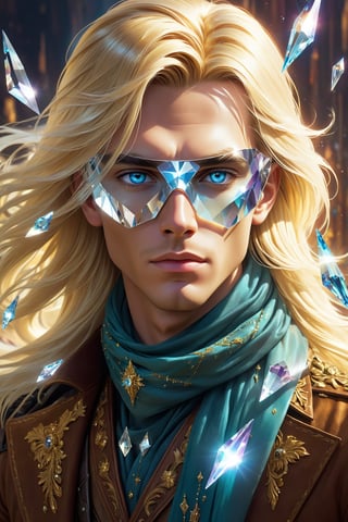 1boy, cleam shave, blonde, long hair, layered hair, swiped back, transparent fantasy-inspired mirrored glass shards aristocrat clothes, broken crystal scarf made of glass, (eye-covering mask:1.2) , crystal, bokeh, Broken Glass effect, no background, stunning, something that even doesn't exist, mythical being, energy, textures, iridescent and luminescent shards, divine presence, cowboy shot, Volumetric light, auras, rays, vivid colors reflects, Broken Glass effect, eyes shoot, oil paint, male focus, 3d render, digital art, realistic, art booster, fflixmj6,Crystal style,art_booster