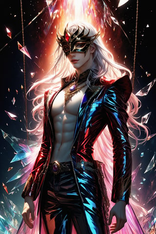 1boy, (fantasy masquerade mask), white long hair, (strait hair), (golden eyes), crimson red fantasy-inspired broken glass shards suit, eye-covering masculine mask, crystal, chains, ((Broken Glass effect)), no background, clean shave, stunning, something that even doesn't exist, mythical being, energy, textures, iridescent and luminescent shards, divine presence, cowboy shot, Volumetric light, auras, rays, vivid colors reflects, Broken Glass effect, eyes shoot, oil paint, male focus, 3d render, digital art, realistic