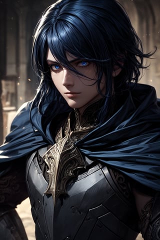 (masterpiece, best quality) extremely detailed, intricately detailed, ((portrait)), 1_boy, ((artificer, assasin)), (Steel smooth armor, dark blue trim, cloth attachments, blue cloak), black blue hair, 27yo, fit, glowing eyes, chiaroscuro lighting, ray tracing, polished, high resolution, volumetric lightning,medieval armor,roblit