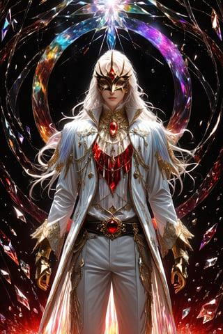 1boy, (fantasy masquerade mask), white long hair, (strait hair), (golden eyes), crimson red fantasy-inspired mirrored glass shards suit, eye-covering masculine mask, crystal, chains, ((Broken Glass effect)), no background, cleam shave, stunning, something that even doesn't exist, mythical being, energy, textures, iridescent and luminescent shards, divine presence, cowboy shot, Volumetric light, auras, rays, vivid colors reflects, Broken Glass effect, eyes shoot, oil paint, male focus, 3d render, digital art, realistic