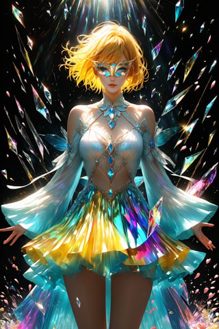 1girl, golden yellow short hair, (strait hair), (blue eyes), ranbow red fantasy-inspired mirrored glass shards expensive clothes, long cut neckline, eye-covering mask, crystal, petals falling, Broken Glass effect, no background, stunning, something that even doesn't exist, mythical being, energy, textures, iridescent and luminescent shards, divine presence, cowboy shot, Volumetric light, auras, rays, vivid colors reflects, Broken Glass effect, eyes shoot, oil paint, male focus, 3d render, digital art, realistic