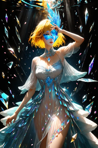 1girl, golden yellow short hair, (strait hair), (blue eyes), ranbow red fantasy-inspired mirrored glass shards expensive clothes, long cut neckline, eye-covering mask, crystal, petals falling, Broken Glass effect, no background, stunning, something that even doesn't exist, mythical being, energy, textures, iridescent and luminescent shards, divine presence, cowboy shot, Volumetric light, auras, rays, vivid colors reflects, Broken Glass effect, eyes shoot, oil paint, male focus, 3d render, digital art, realistic