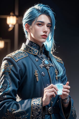 Masterpiece, 3d render, unreal engine. ((20yo sole_male)) wearing ice clothing, medium ice blue hair, ice navy large military overcoat, colding, (visual art, abstract:1.2), fantasy, (intricate details:1.3), shallow depth of field, bokeh, Digital illustration, 1 girl, Science Fiction, Enhance, Golden Inspiration,jaeggernawt,Chao