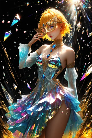 1girl, golden yellow short hair, (strait hair), (blue eyes), ranbow red fantasy-inspired mirrored glass shards expensive clothes, long cut neckline, eye-covering mask, crystal, petals falling, Broken Glass effect, no background, stunning, something that even doesn't exist, mythical being, energy, textures, iridescent and luminescent shards, divine presence, cowboy shot, Volumetric light, auras, rays, vivid colors reflects, Broken Glass effect, eyes shoot, oil paint, male focus, 3d render, digital art, realistic