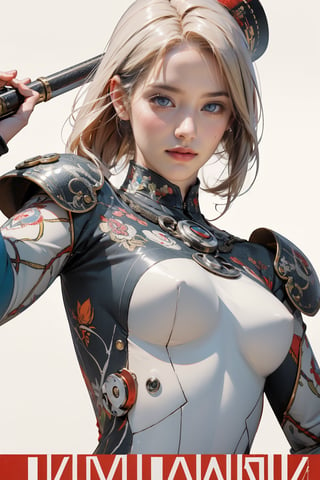 (masterpiece, best quality, hires, high resolution:1.2), (extremely detailed, realistic,high contrast,professional photography photos), 3d, cg, nsfw, woman, (brutalist style:1.6), heavy steampunk armor, robot, cannon, katana, mechinegun, muscular, abs, shiny_skin, light_skin, breasts_out, perfect_hands, science fiction, (cinematic lighting, sunlight, volumetric), looking at viewer, eye-level shot, close-up shot, (vivi color background:1.4), vintage fantasy, 1960s \(style\), film grain, (atompunkstylesd15:1.0), (soviet poster:1.4), ruanyi0214, ruanyi0220, holding sword, holding gun, (dynamic pose:1.6), female action poses