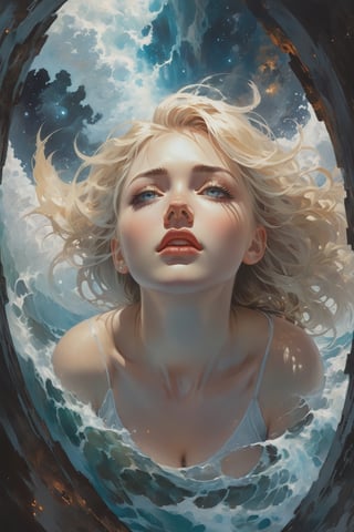 The constellations form infinite paisleys in the sky The condensation tumbles down and erases all my sight And is it in the nightmare map of the cosmos up high? Or is it in the signs? Or stranger still,  just in my eyes?,  art by Clayton Crain,  Stjepan Sejic,  Rachel Walpole,  Jeszika Le Vye,  Peter Mohrbacher,  thunder and portal and dark magic and starlight,  (glowing pupils,  detailed eyes),  1girl,  looking ((crying!!)),  wet white shirt,  blond,  sexy,  Saturn,  Jupiter,  canyon,  cliffs,  ocean,  waves,  Fisheye Lens,  view_from_below,  low_angle,  Leonardo Style