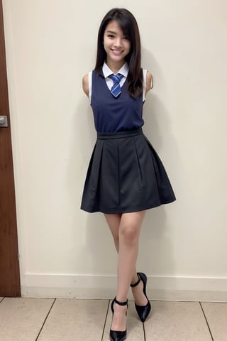 (masterpiece),  1girl,  smile, ,light particles,  ,random,masterpiece,(hk_girl),  full_body: 1.1,girl, solo , full body, lustful eye , model catwalk style walking foward sideway, front view, real girl, (18 years old Japanese girl) , sailor black school girl uniform , sleeveless, Premium Women's Back Seam Thigh High, short skirt,shy innocent face , in old abandoned clothing factory, black hair with highlighting, visible skin detail, skin fuzz, glossy skin, natural_lighting , Detailedface,school uniform, (armless), louboutin, so kate, 7" high heels, high heels, really high heel