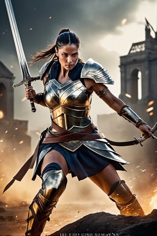 Amidst the chaos and carnage of the battlefield, a fierce and fearless woman warrior emerges, her battle-worn armor glistening with sweat and determination. With a steely gaze and a sword held high, she commands respect and strikes fear into the hearts of her enemies. Her movements are fluid and precise, a deadly dance of agility and strength. The sound of her war cries echoes through the air, inspiring courage in her allies and striking terror in the hearts of her foes. With every swing of her weapon, she fights with unwavering resolve, protecting her comrades and defending what she holds dear.