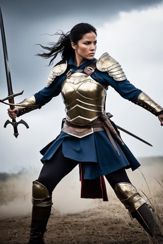 Amidst the chaos and carnage of the battlefield, a fierce and fearless woman warrior emerges, her battle-worn armor glistening with sweat and determination. With a steely gaze and a sword held high, she commands respect and strikes fear into the hearts of her enemies. Her movements are fluid and precise, a deadly dance of agility and strength. The sound of her war cries echoes through the air, inspiring courage in her allies and striking terror in the hearts of her foes. With every swing of her weapon, she fights with unwavering resolve, protecting her comrades and defending what she holds dear.