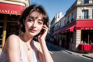 Ultra-realistic photo of  Edith Piaf, 1girl, 24yo, masterpiece, best quality, photorealistic, raw photo, short hair, gucci style, light smile, detailed skin, pore, red cloth, view from the left side, low key, cafe, paris street_background