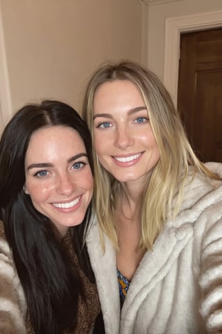 beautiful lady, (freckles), big smile, blue eyes, shoulder length dark hair, dark makeup, hyperdetailed photography, soft light, winter, cold, dressed warm, early morning,Manhattan apartment dining room, taking a selfie with a blonde haired female friend, , pajamas, aw0k euphoric style