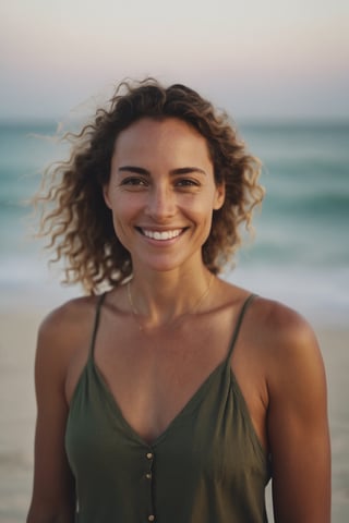 photograph from a few meters away portrait of Female. Happy and smiling. stoic cinematic 4k epic detailed 4k epic detailed photograph shot on kodak detailed bokeh cinematic hbo dark moody standing on the beach 