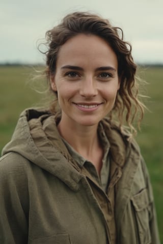 photograph from a few meters away portrait of Female. Happy and smiling. stoic cinematic 4k epic detailed 4k epic detailed photograph shot on kodak detailed bokeh cinematic hbo dark moody standing in a field with khaki clothing on