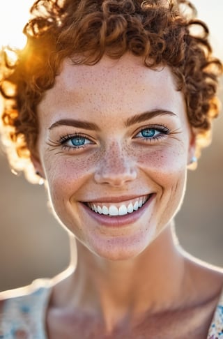 beautiful lady, (freckles), big smile, blue eyes, short hair, dark makeup, hyperdetailed photography, soft light, head and shoulders portrait, cover. Sunglasses 