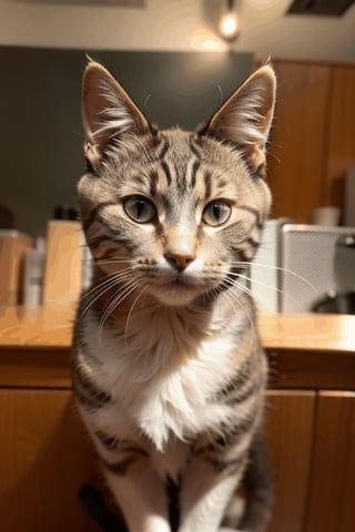 front facing view cute cat behind warm background