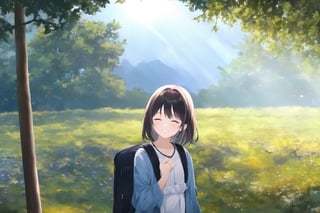 A smiling 20-year-old Asian woman wearing a light blue dress with a small black backpack, The sunlight spreading over the hill, golden morning light, eyes closed, savoring the moment.