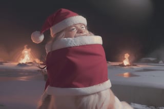 a red angry Reindeer full of blistering rage expressed by fire and brimstone raining down onto a wintery scenario, santa claus is looking on in fear, detailed, realistic, 8k uhd, high quality, 
