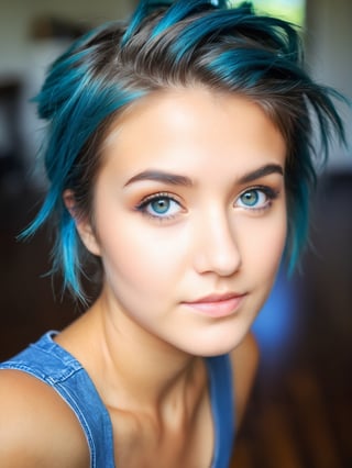 (masterpiece, best quality, hires, high resolution:1.2), (extremely detailed, intricate details, highres), an aussie cutie, 19 years old, Leaning forward, Boyfriend jeans, a tucked-in tee, and loafers, Twisted updo haircut, Peacock blue haircolor, from above, close up on face, ight beams streaming through haze, soft focus, detailed skin, skin blemish, sharp focus, (shot on GoPro Hero:1.2)