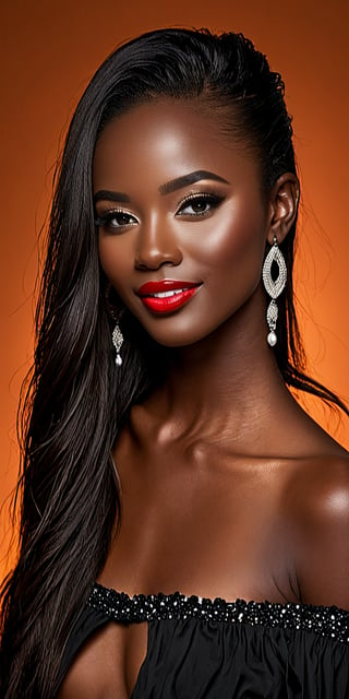 (best quality, masterpiece, top quality, highres, 8K, official art, beautiful and aesthetic:1.2), sharp focus, Generate hyper realistic image of a beautiful African student model, beautiful as if alive, close up face, ((( very dark black skin))), looking at the viewer, black very long straight hair, mesmerizing blue eyes, fairy smile, makeup, black skin, red lipstick, earring, necklanc, shiny, glistening skin

I used a 90×60 cm softbox as main light, derezzation was done with a 100 cm silver derezz. I like the light because it's really soft. I lit the background with a base reflector with an orange colour foil on it.  Here you can see a darker tonal world with deeper blacks and more suggestive highlights. The orange light on the background adds warmth to the image, creating a romantic mood. black background