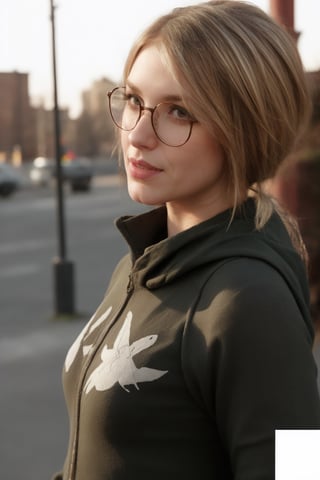 a 20 yo woman, handsome, plump, 80kg, ginger long hair, wearing glasses, dark theme, black_clothing, soothing tones, muted colors, high contrast, (natural skin texture, hyperrealism, soft light, sharp), blue, background, night background, shine, (((urban techwear))), techwear:1.4,(((prompto argentum))), ffxiv:1.4, detailed_hand:1.3