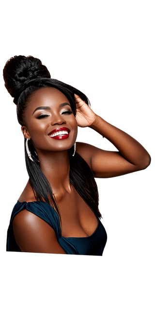 (best quality, masterpiece, top quality, highres, 8K, official art, beautiful and aesthetic:1.2), sharp focus, Generate hyper realistic image of a beautiful African student model, beautiful as if alive, close up face, ((( very dark black skin))), looking at the viewer, black very long straight hair, mesmerizing blue eyes, fairy smile, makeup, black skin, red lipstick, earring, necklanc, shiny, glistening skin

I used a 90×60 cm softbox as main light, derezzation was done with a 100 cm silver derezz. I like the light because it's really soft. I lit the background with a base reflector with an orange colour foil on it.  Here you can see a darker tonal world with deeper blacks and more suggestive highlights. The orange light on the background adds warmth to the image, creating a romantic mood. black background