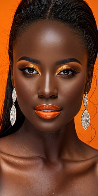 (best quality, masterpiece, top quality, highres, 8K, official art, beautiful and aesthetic:1.2), sharp focus, Generate hyper realistic image of a beautiful African student model, beautiful as if alive, close up face, ((( very dark black skin))), looking at the viewer, black very long straight hair, mesmerizing blue eyes, fairy smile, makeup, black skin, red lipstick, earring, necklanc, shiny, glistening skin

I used a 90×60 cm softbox as main light, derezzation was done with a 100 cm silver derezz. I like the light because it's really soft. I lit the background with a base reflector with an orange colour foil on it.  Here you can see a darker tonal world with deeper blacks and more suggestive highlights. The orange light on the background adds warmth to the image, creating a romantic mood. black background