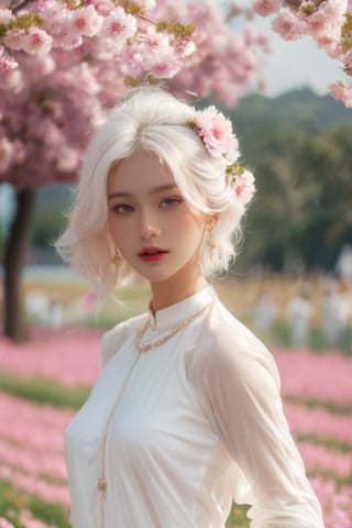 (masterpiece, best quality, niji style), (realistic, octane render, lot of details:6.3),
(full body photo :4.3), beautiful woman, korean woman, looking at the camera, (photo from head to toe:3.5),

(70s retro hairstyle:4.5),

clothing; ao dai vietnam, white ao dai, white dress, white clothings, 

long white pink pastel wavy hair, (white hair:3.5), brown eyes, beautiful eyes, closed mouth, The girl is tall and looks like a beauty queen,

hair blowing in the wind, small flower petals flying in the wind, flower petals flying in front of the girl,

(background is pink flower field of australia:1.1),

cinematic film still an awarded profesional photo of Leafwhisper, ideal body posture, perfect body proportions, hyperrealistic art, extremely high-resolution details, photographic, realism pushed to extreme, fine texture, incredibly lifelike,

different posture, up arms, ((arms up)), crazy mad aggressive face and eyes, fantasy, concept art, arms up, jump up, hands touch softly her face, (Both hands lift both tits:2.1),LinkGirl,aotac