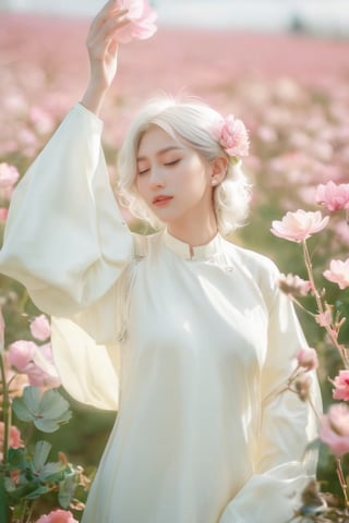 (masterpiece, best quality, niji style), (realistic, octane render, lot of details:6.3),
(full body photo :4.3), beautiful woman, korean woman, looking at the camera, (photo from head to toe:3.5),

(70s retro hairstyle:4.5),

clothing; ao dai vietnam, white ao dai, white dress, white clothings, 

long white pink pastel wavy hair, (white hair:3.5), brown eyes, beautiful eyes, closed mouth, The girl is tall and looks like a beauty queen,

hair blowing in the wind, small flower petals flying in the wind, flower petals flying in front of the girl,

(background is pink flower field of australia:1.1),

cinematic film still an awarded profesional photo of Leafwhisper, ideal body posture, perfect body proportions, hyperrealistic art, extremely high-resolution details, photographic, realism pushed to extreme, fine texture, incredibly lifelike,

different posture, up arms, ((arms up)), crazy mad aggressive face and eyes, fantasy, concept art, arms up, jump up, hands touch softly her face, (Both hands lift both tits:2.1),LinkGirl,aotac,xxmix_girl