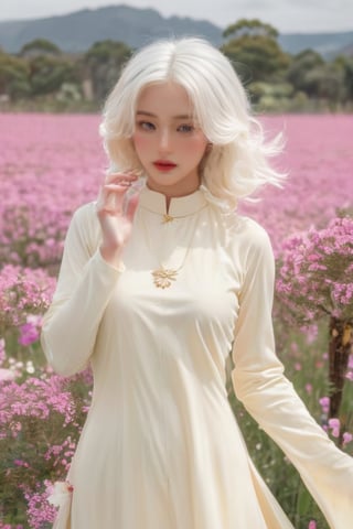 (masterpiece, best quality, niji style), (realistic, octane render, lot of details:6.3),
(full body photo :4.3), beautiful woman, korean woman, looking at the camera, (photo from head to toe:3.5),

(70s retro hairstyle:4.5),

clothing; ao dai vietnam, white ao dai, white dress, white clothings, 

long white pink pastel wavy hair, (white hair:3.5), brown eyes, beautiful eyes, closed mouth, The girl is tall and looks like a beauty queen,

hair blowing in the wind, small flower petals flying in the wind, flower petals flying in front of the girl,

(background is pink flower field of australia:1.1),

cinematic film still an awarded profesional photo of Leafwhisper, ideal body posture, perfect body proportions, hyperrealistic art, extremely high-resolution details, photographic, realism pushed to extreme, fine texture, incredibly lifelike,

different posture, up arms, ((arms up)), crazy mad aggressive face and eyes, fantasy, concept art, arms up, jump up, hands touch softly her face, (Both hands lift both tits:2.1),LinkGirl,aotac