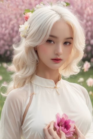 (masterpiece, best quality, niji style), (realistic, octane render, lot of details:6.3),
(full body photo :4.3), beautiful woman, korean woman, looking at the camera, (photo from head to toe:3.5),

(70s retro hairstyle:4.5),

clothing; ao dai vietnam, white ao dai, white dress, white clothings, 

long white pink pastel wavy hair, (white hair:3.5), brown eyes, beautiful eyes, closed mouth, The girl is tall and looks like a beauty queen,

hair blowing in the wind, small flower petals flying in the wind, flower petals flying in front of the girl,

(background is pink flower field of australia:1.1),

cinematic film still an awarded profesional photo of Leafwhisper, ideal body posture, perfect body proportions, hyperrealistic art, extremely high-resolution details, photographic, realism pushed to extreme, fine texture, incredibly lifelike,

different posture, up arms, ((arms up)), crazy mad aggressive face and eyes, fantasy, concept art, arms up, jump up, hands touch softly her face, (Both hands lift both tits:2.1),LinkGirl,aotac