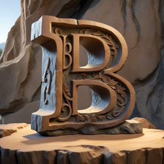 single rustic and robust capital letter B carved into the rock ornament  in vertical position over single clear wood table 