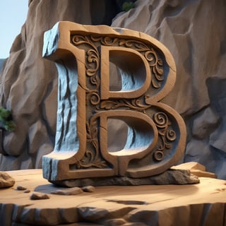 single rustic and robust capital letter B carved into the rock ornament  in vertical position over single clear wood table 