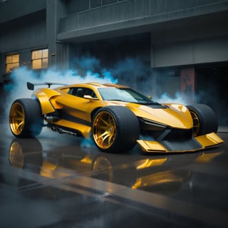 hight resolution, (masterpiece), (best quality),(extremely intricate), (extremely detailed), symmetric bilateral sport car, full shot image, sportcar that do not posses direction flare gun and simbols (emblems, logos), just one yellow rear view each car side, perfect and clean car painting and groove tire, perfect isometric car design and wheel center, wheel color tone aproximate to #c8be0d (golden and clear wheel , full wheel, car color painting around yellow #c5c80b, simetric and much defined  and delimited spoilers, similarity of front spoiler sides, full view of back spoiler fix just with a single curved support, smog dont cover SPOILERS or metalic part of wheels, chrome big scape near back wheel, weel defined interior hoop bord of left front wheel, gap dark of hoog flat and follow lines,  no windshield wipers, just one rear view, each side, with one fix point in door line up hight of hood
