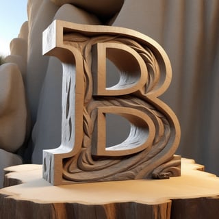 single rustic and robust capital letter B carved into the rock ornament  in vertical position over single clear wood table, all bords  soft curved, no acute corners