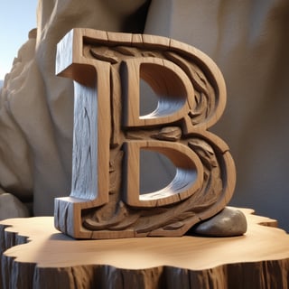 single rustic and robust capital letter B carved into the rock ornament  in vertical position over single clear wood table, all bords  soft curved, no acute corners