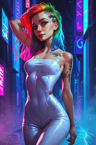 score_9, score_8_up, score_7_up, cyberpunk, pretty woman, looking at viewer, mischivious, long rainbow hair, tattoos, green_eyes, light makeup, casual clothes, perky breasts, wide hips, night city background, (detailed, detailed face)