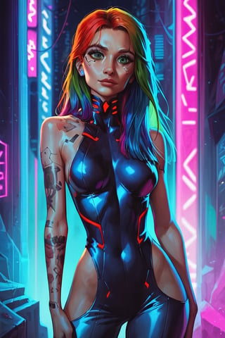 score_9, score_8_up, score_7_up, cyberpunk, pretty woman, looking at viewer, mischivious, long rainbow hair, tattoos, green_eyes, light makeup, casual clothes, perky breasts, wide hips, night city background, (detailed, detailed face)