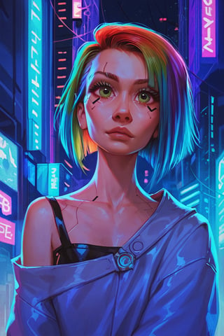 score_9, score_8_up, score_7_up, cyberpunk, pretty woman, looking at viewer, medium rainbow hair, green_eyes, casual clothes, night city background, (detailed, detailed face)