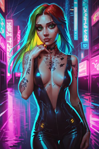 score_9, score_8_up, score_7_up, cyberpunk, pretty woman, looking at viewer, mischivious, long rainbow hair, tattoos, green_eyes, light makeup, casual clothes, perky breasts, wide hips, night city background, (detailed, detailed face)