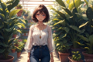 A girl named Alice, short brown hair, brown eyes, (detailed eyes, deep eyes), (glasses), slim build, and dresses in comfortable, casual clothing, like a light-colored blouse and jeans. She sports a delicate silver necklace with a small pendant,
(in the plant section of a nursery),
portrait, enjoying, cowboy shot, front view,
((best quality)), ((highly detailed)),  