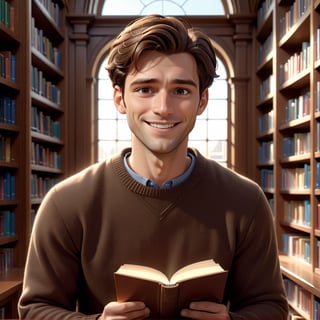 masterpiece artwork, best quality,  

Cartoon Illustration, 
 A handsome man named Mason, and brown hair, clean face, wearing a brown sweater, smiling and reading in a library, portrait,

8k, octane render, natural lighting, hyperrealistic, 
3d cartoon, extremely detailed, dynamic angle, 
magic, surreal, fantasy, digital art, UHD, cinematic perfect light,