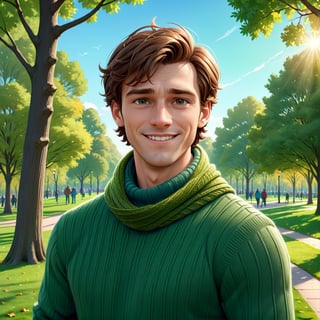 masterpiece artwork, best quality,  

Cartoon Illustration, 
 A handsome man named Caleb, and brown hair, clean face, wearing a green sweater, and a scarf, smiling, in a park, portrait,

8k, octane render, natural lighting, hyperrealistic, 
3d cartoon, extremely detailed, dynamic angle, 
magic, surreal, fantasy, digital art, UHD, cinematic perfect light,