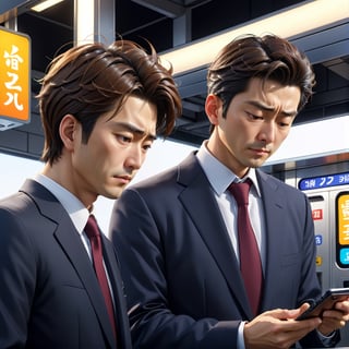 masterpiece artwork, best quality,  

Cartoon Illustration, 
a Japanese young businessman, and a Japanese middle-aged businessman, On the platforms in Japan, lowered their head, looking down at their own mobile phone screen, portrait, close-up,

8k, octane render, natural lighting, hyperrealistic, 
3d cartoon, extremely detailed, dynamic angle, 
magic, surreal, fantasy, digital art, UHD, cinematic perfect light,