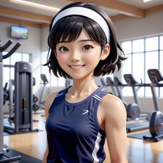 masterpiece artwork, best quality,  

Cartoon Illustration, 
A beautiful Japanese young woman named Aiko, with short black hair, wearing a head band, sports top, sports shorts, smiling, portrait, close-up, exercising at a gym, side view, in an office,

8k, octane render, natural lighting, hyperrealistic, 
3d cartoon, extremely detailed, dynamic angle, 
magic, surreal, fantasy, digital art, UHD, cinematic perfect light,