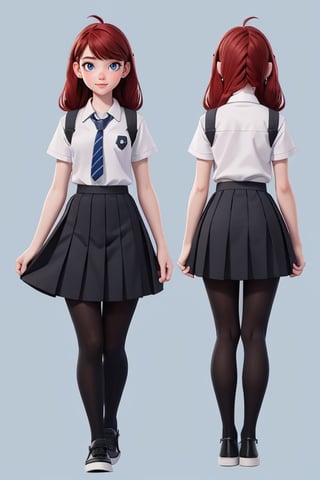 character sheet, red  haired girl, student clothes, light blue background, beautiful, good hands, full body,looking to the camera, good body, 18 year old girl body,school shoes, school skirt, school shirt, black shoes, sexy pose, full_body, with small earrings, character_sheet, fashionable hairstyle, school_uniform, shoes_black, with black mask, face_clothmask_black ,school_shoes_black,arcane style,
, clothes with accessories, denier tights in beige