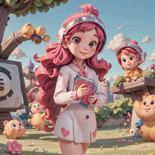 Cartoon Illustration of Emma, a small girl with pink curly hair, bright eyes, and a cute helmet, holding an English dictionary, cute, beautiful, innocent, and smiling, in a futuristic cityscape to enhance the sense of the future.
floating English letters, a floating cloud library, and radiant brain-shaped machines to convey a modern feel to English learning. 
Include open books with colorful English words, pictures, or learning cues to represent the richness of learning. Use bright and lively colors, and add distinctive elements such as a logo for "HappyBrain English Lab" Please write in English.
3d cartoon, extremely detailed, dynamic angle, 
Pixar style, Ghibli Studio, 
8k, octane render, 
natural lighting, hyperrealistic, masterpiece artwork, best quality, 

baby face, DonMF41ryW1ng5 ,DonML34f, organic,Clay Animation,candyland,kawaiitech,