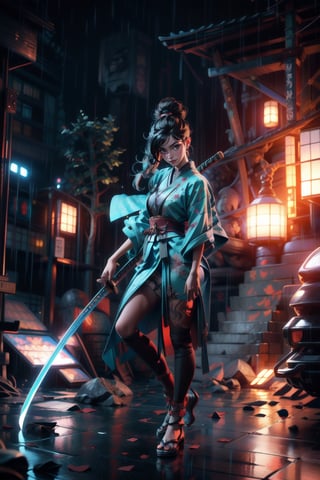 (full body shot), 
masterpiece, best quality, hires, high resolution, extremely detailed, realistic, intricate details, highres, dynamic pose, 
1girl, solo, dark hair, bun hair, light smile, smooth skin, detailed skin, (midium breasts, beautiful thighs), 
wearing all black samurai outfit, (hand around sword handle), 
standing,  looking at viewer, 
outdoors,  heavily raining, complex background, 1720s Japanese street, dirt road, (dark skies, moonlight, cinematic lighting, perfect lighting, bloom), ground-level shot,  
,taikusouko, Samurai girl